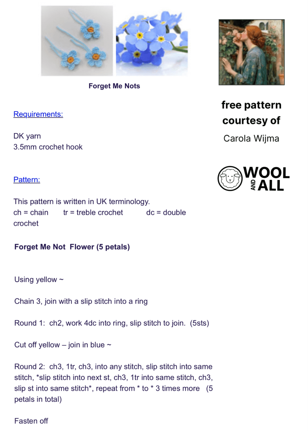 Crochet pattern for forget me nots for dementia